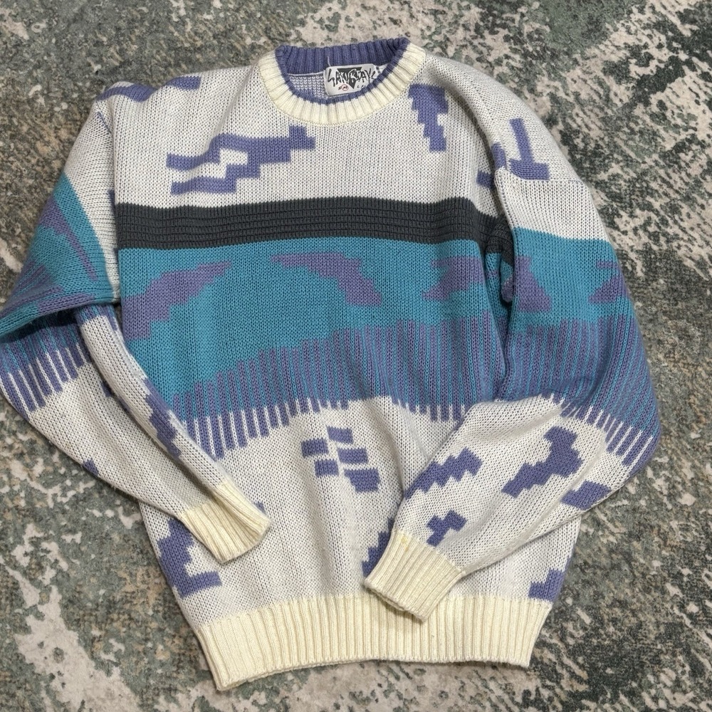 VINTAGE 80'S‎ SATURDAYS PULLOVER SWEATER SIZE M GEOMETRIC ABSTRACT DESIGN